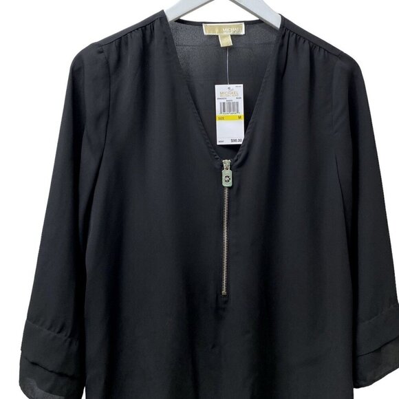 MICHAEL Michael Kors Womens Top Medium Black Blouse Logo Zip 3/4 Sleeve NWT - Picture 2 of 11